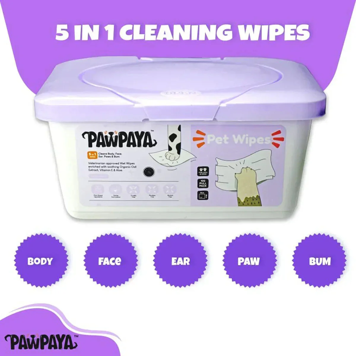 Pawpaya Pet Wipes 100 Pack Tub - 19 x 16cm - Image 3
