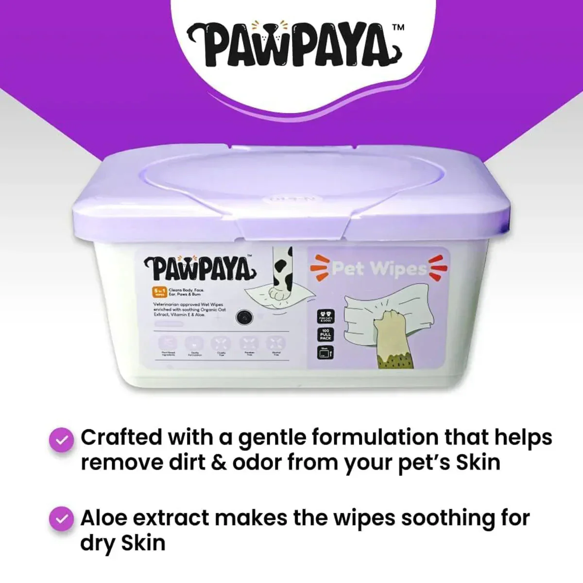 Pawpaya Pet Wipes 100 Pack Tub - 19 x 16cm - Image 4
