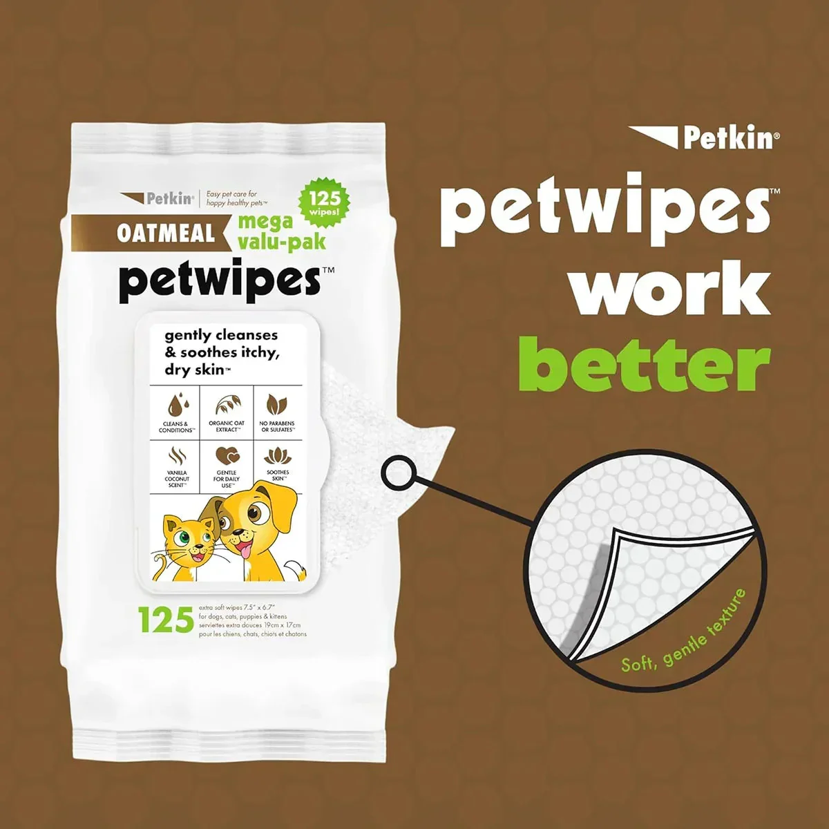 Petkin Oatmeal Mega Valu-Pak Pet Wipes - 125 Wipes - Image 4
